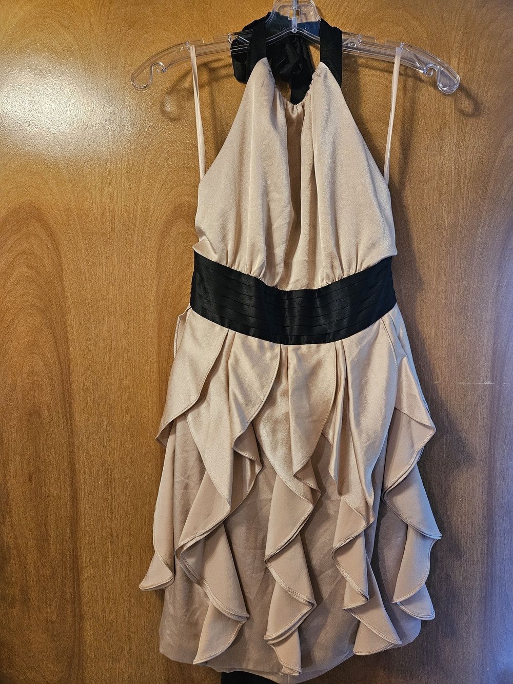 BCBGMaxAzria Beige Halter Backless Ruffle Dress with Black Waistband